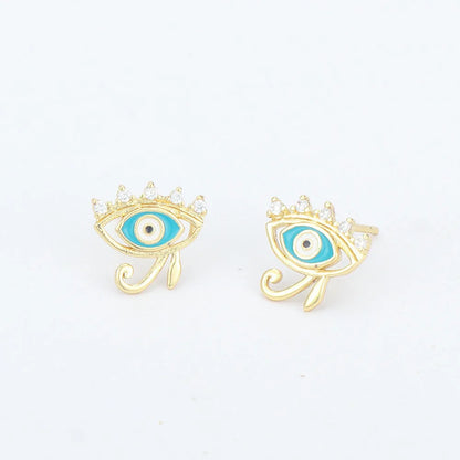 Retro Geometric Eye Copper Ear Studs Stoving Varnish Zircon Copper Earrings