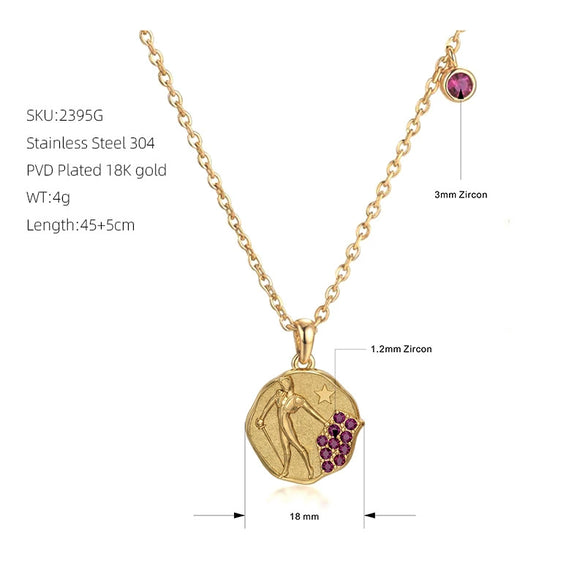 Retro Geometric Figure Relief Stainless Steel Jewelry Set With Purple Zircon Necklace Ring Earrings And Bracelet