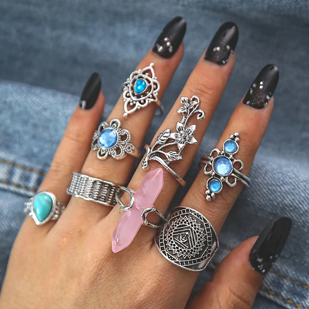 Retro Geometric Flower Alloy Inlay Turquoise Rings