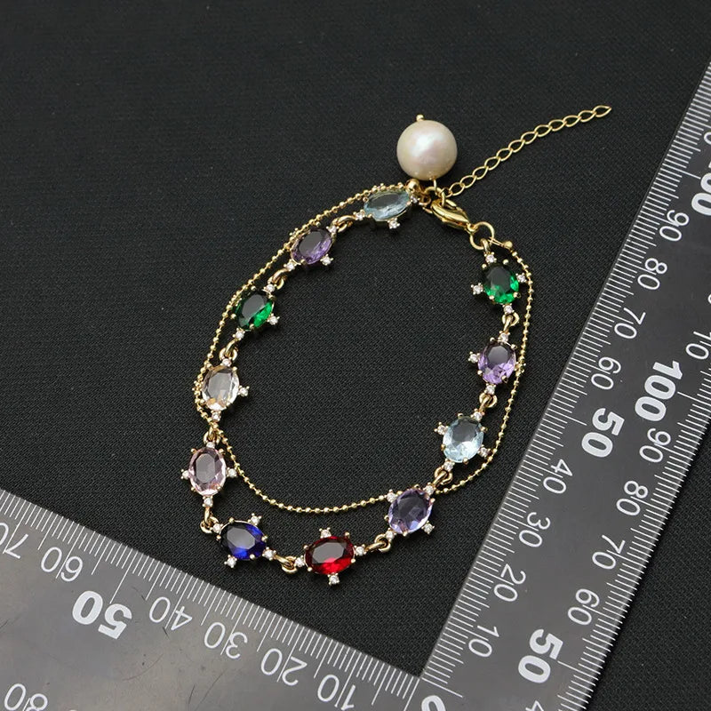 Retro Geometric Freshwater Pearl Mixed Materials 18k Gold Plated Zircon Bracelets In Bulk