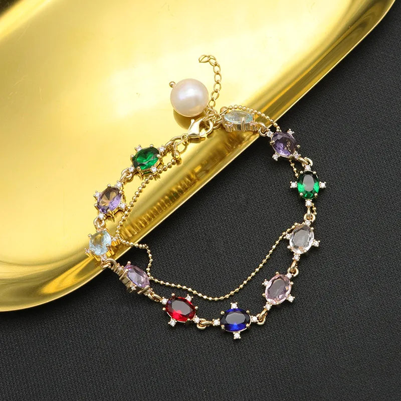 Retro Geometric Freshwater Pearl Mixed Materials 18k Gold Plated Zircon Bracelets In Bulk