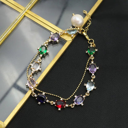 Retro Geometric Freshwater Pearl Mixed Materials 18k Gold Plated Zircon Bracelets In Bulk