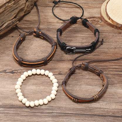 Retro Geometric Guitar Pu Leather Alloy Wooden Beads Beaded Braid Men'S Bracelets