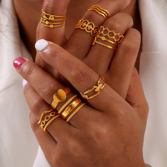 Retro Geometric Hollow Stitching 316L Stainless Steel Gold Plated Finger Ring