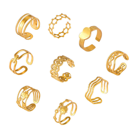 Retro Geometric Hollow Stitching 316L Stainless Steel Gold Plated Finger Ring