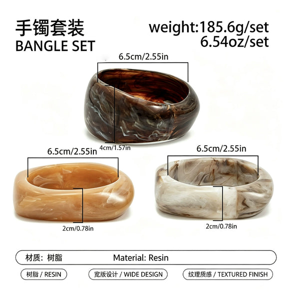 Retro Geometric Irregular Gradient Resin Wide Cuff Bracelet With Polished Stacked Round Design