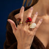 Retro Geometric Irregular Zinc Alloy Ring With Polished Plating And Translucent Ambercolored Gradient Design