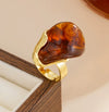 Retro Geometric Irregular Zinc Alloy Ring With Polished Plating And Translucent Ambercolored Gradient Design