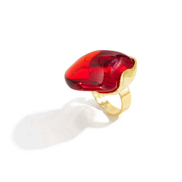 Retro Geometric Irregular Zinc Alloy Ring With Polished Plating And Translucent Ambercolored Gradient Design