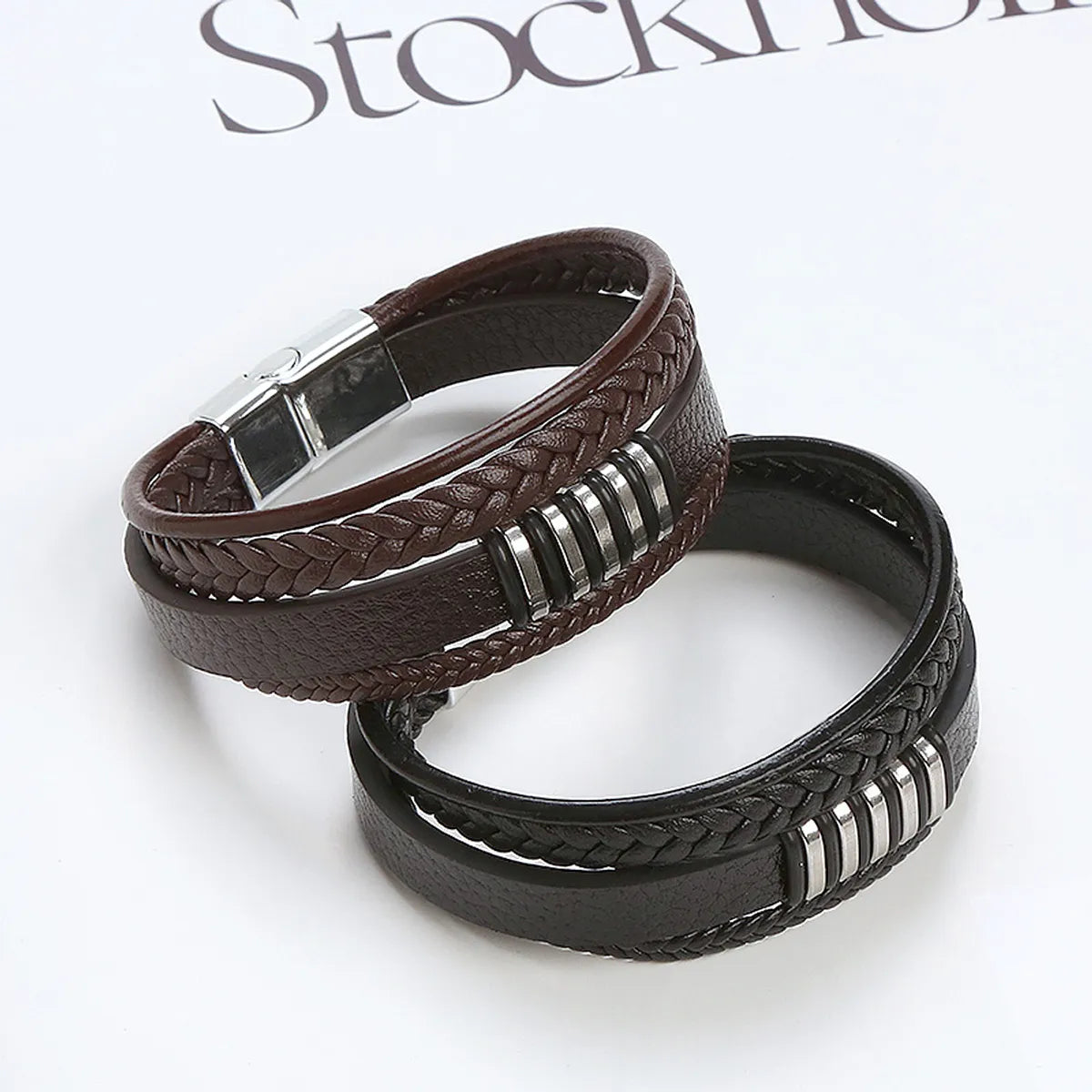 Retro Geometric Leather Titanium Steel Braid Unisex Bangle