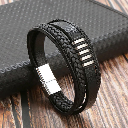 Retro Geometric Leather Titanium Steel Braid Unisex Bangle