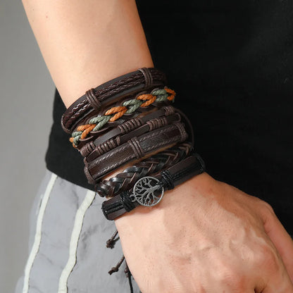 Retro Geometric Life Tree Pu Leather Alloy Wax Line Braid Men'S Bracelets Drawstring Bracelets