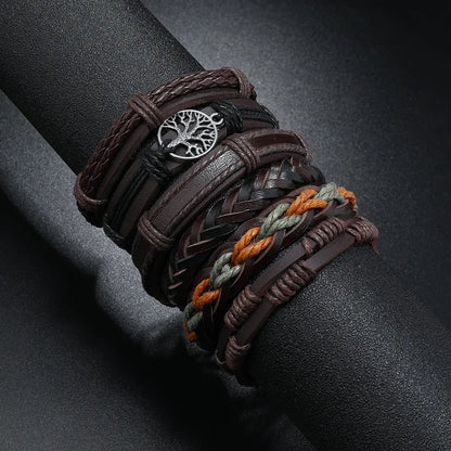 Retro Geometric Life Tree Pu Leather Alloy Wax Line Braid Men'S Bracelets Drawstring Bracelets