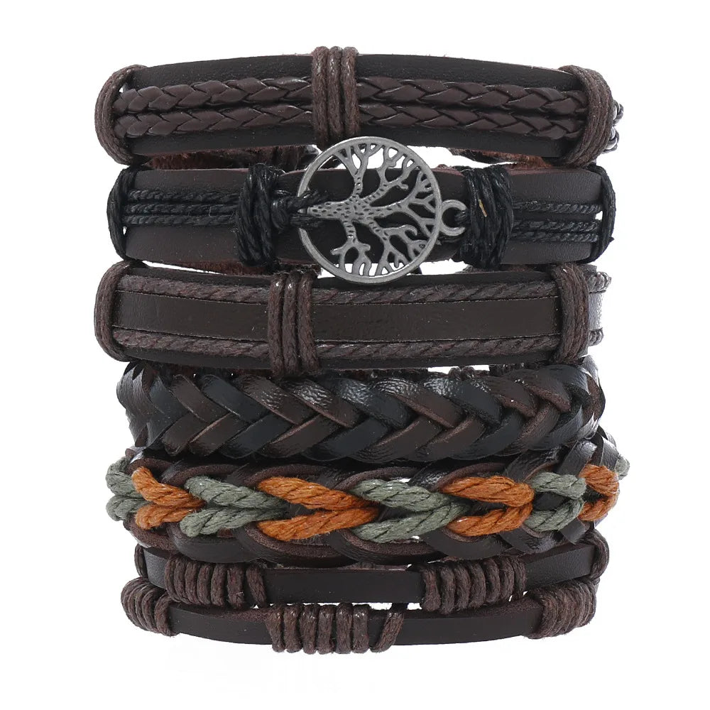 Retro Geometric Life Tree Pu Leather Alloy Wax Line Braid Men'S Bracelets Drawstring Bracelets