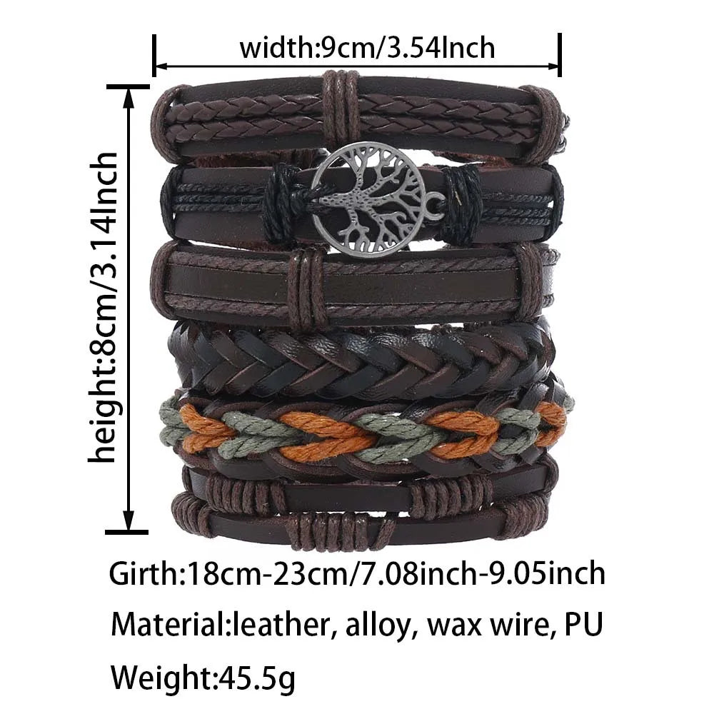 Retro Geometric Life Tree Pu Leather Alloy Wax Line Braid Men'S Bracelets Drawstring Bracelets