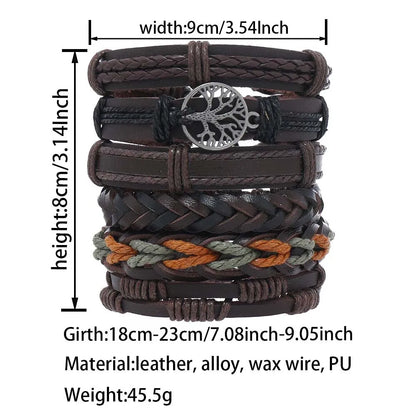 Retro Geometric Life Tree Pu Leather Alloy Wax Line Braid Men'S Bracelets Drawstring Bracelets