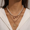 Retro Geometric Lock Imitation Pearl Alloy Inlay Rhinestones Women'S Layered Necklaces 1 Piece