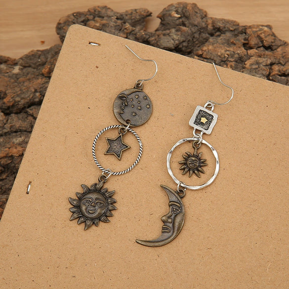 Retro Geometric Metal Fivepointed Star Sun Moon Long Pendant Earrings With Electroplating