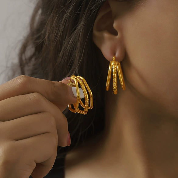 Retro Geometric Multilayer Stacked Style Stitching 316L Stainless Steel Goldplated Earrings