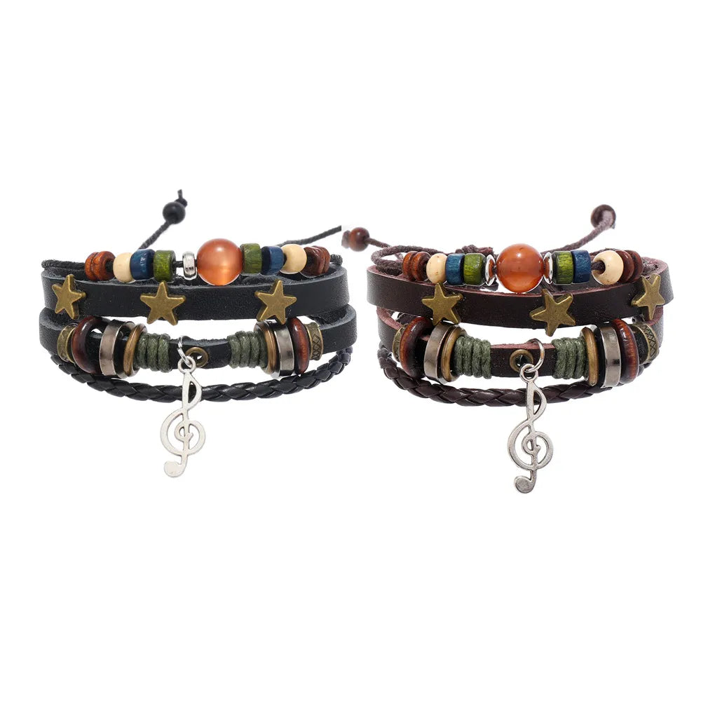 Retro Geometric Notes Pu Leather Alloy Braid Men'S Bracelets