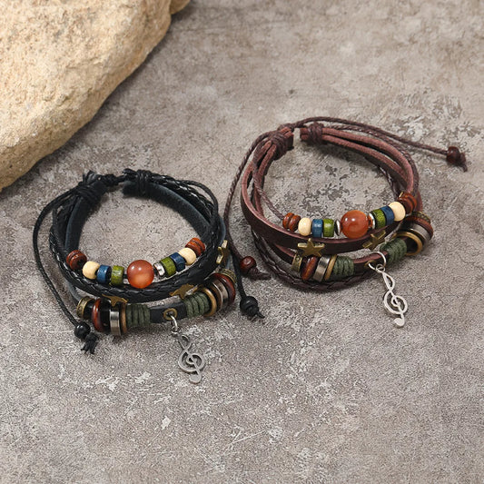 Retro Geometric Notes Pu Leather Alloy Braid Men'S Bracelets