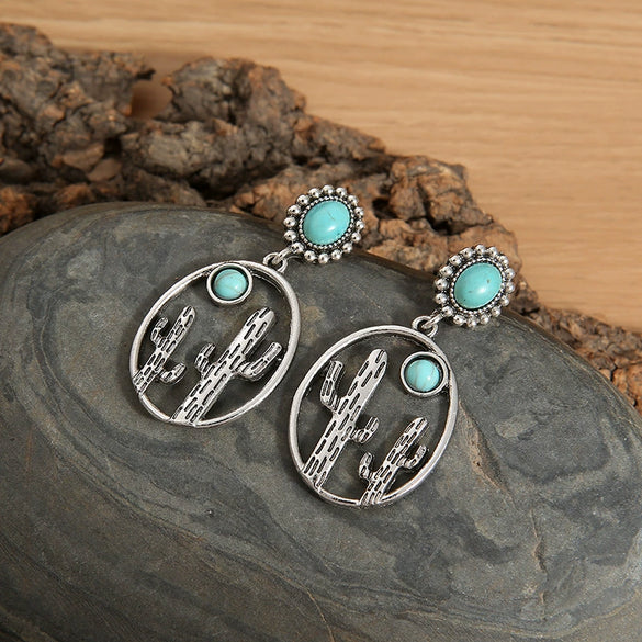 Retro Geometric Oval Hollow Turquoise Drop Shaped Metal Earrings For Women Electroplated
