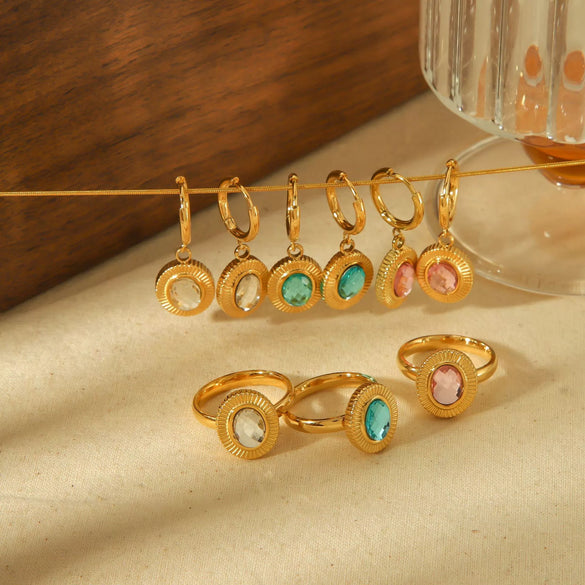 Retro Geometric Oval Zircon Titanium Steel 18K Electroplated Fashion Stud Earrings Ring Suit