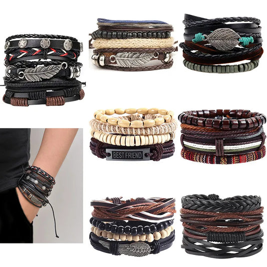 Retro Geometric Pu Leather Alloy Rope Men'S Bracelets