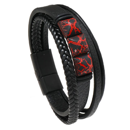 Retro Geometric Pu Leather Knitting Men'S Wristband