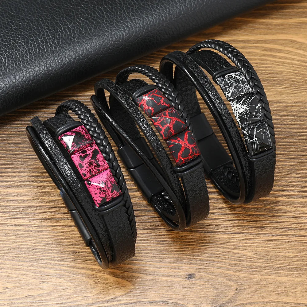 Retro Geometric Pu Leather Knitting Men'S Wristband