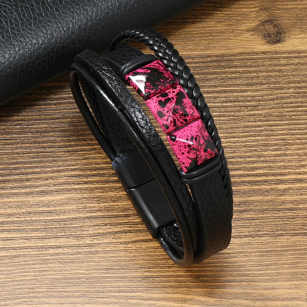 Retro Geometric Pu Leather Knitting Men'S Wristband