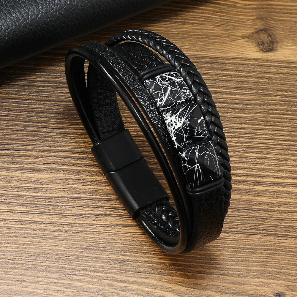 Retro Geometric Pu Leather Knitting Men'S Wristband