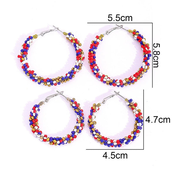 Retro Geometric Resin Beaded Hoop Earrings In Red Blue And White Unisex Statement Jewelry