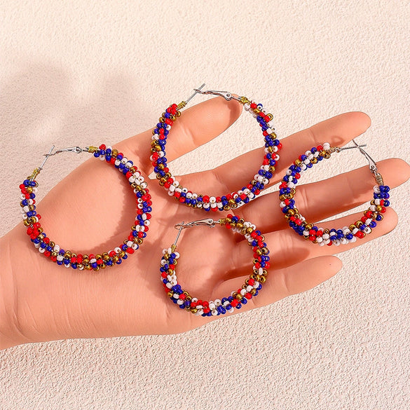 Retro Geometric Resin Beaded Hoop Earrings In Red Blue And White Unisex Statement Jewelry