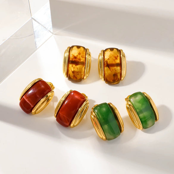 Retro Geometric Resin Stud Earrings For Women With Stainless Steel Posts And Real Gold Plated Finish Fashion Elegant Non Fading Jewelry