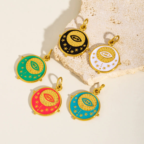 Retro Geometric Round Stainless Steel Pendant With Eyes Stars Sun And Dripping Oil Design