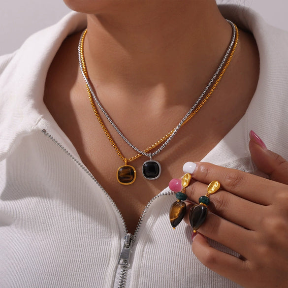 Retro Geometric Round Tiger's Eye Titanium Steel Earrings With Electroplating Treatment For Women