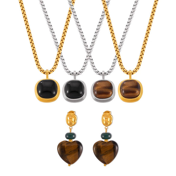 Retro Geometric Round Titanium Steel And Tiger's Eye Earrings With Electroplating For Women