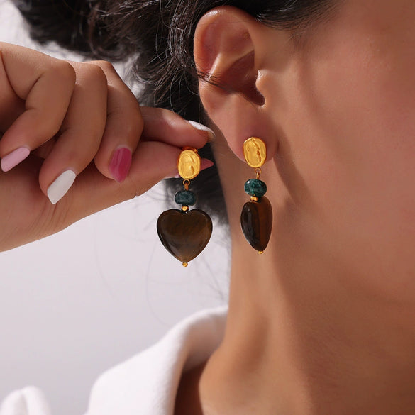 Retro Geometric Round Titanium Steel And Tiger's Eye Earrings With Electroplating For Women