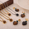 Retro Geometric Round Titanium Steel And Tiger's Eye Earrings With Electroplating For Women