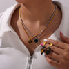 Retro Geometric Round Titanium Steel And Tiger's Eye Earrings With Electroplating For Women