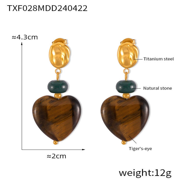 Retro Geometric Round Titanium Steel And Tiger's Eye Earrings With Electroplating For Women
