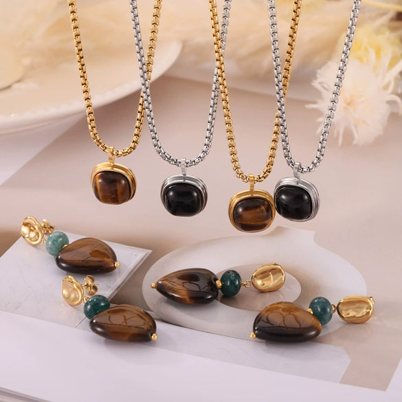 Retro Geometric Round Titanium Steel And Tiger's Eye Earrings With Electroplating For Women