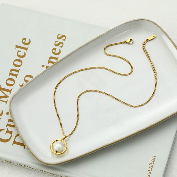 Retro Geometric Shell Pearl Necklace With Ring Pendant Titanium Steel Chain And 18K Gold Plated Finish