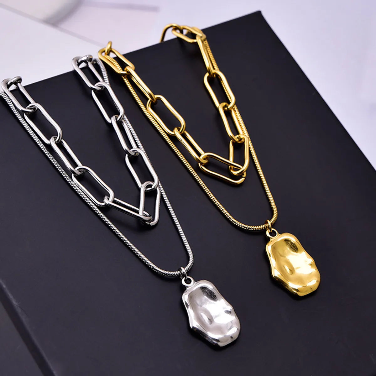 Retro Geometric Solid Color Titanium Steel Layered Necklace