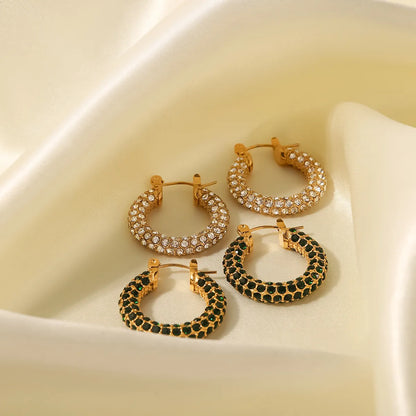 Retro Geometric Stainless Steel Inlaid Zircon Hoop Earrings 1 Pair