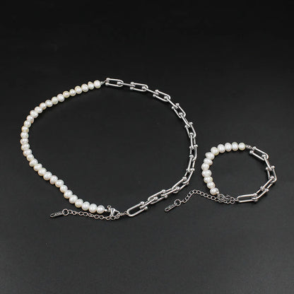 Retro Geometric Stainless Steel Pearl Bracelets Necklace 1 Piece