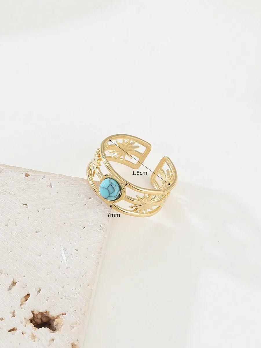 Retro Geometric Stainless Steel Plating Inlay Natural Stone 18k Gold Plated Open Rings