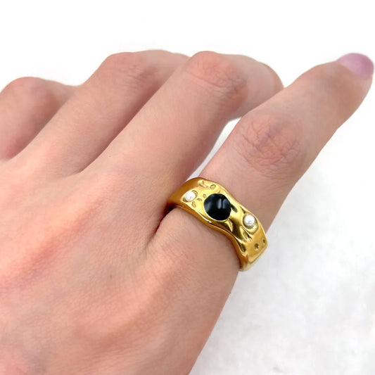 Wholesale Jewelry Retro Geometric 304 Stainless Steel Oil Dripping Glass Pearl 18K Gold Plated Plating Inlay Rings