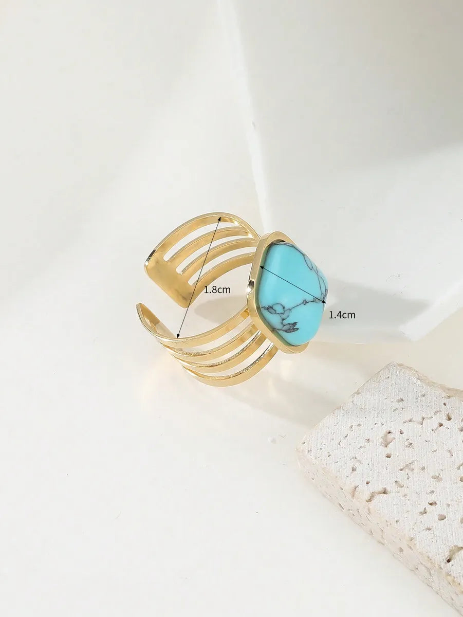 Retro Geometric Stainless Steel Plating Inlay Turquoise 18k Gold Plated Open Rings